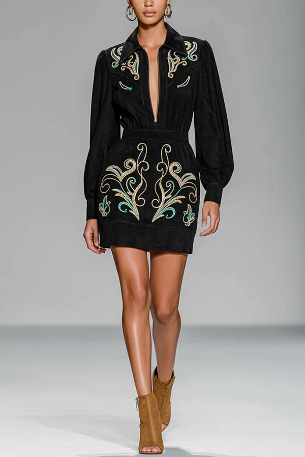 Fashionable Embroidered Floral Pattern Long-sleeved Fitted Waist Mini Dress