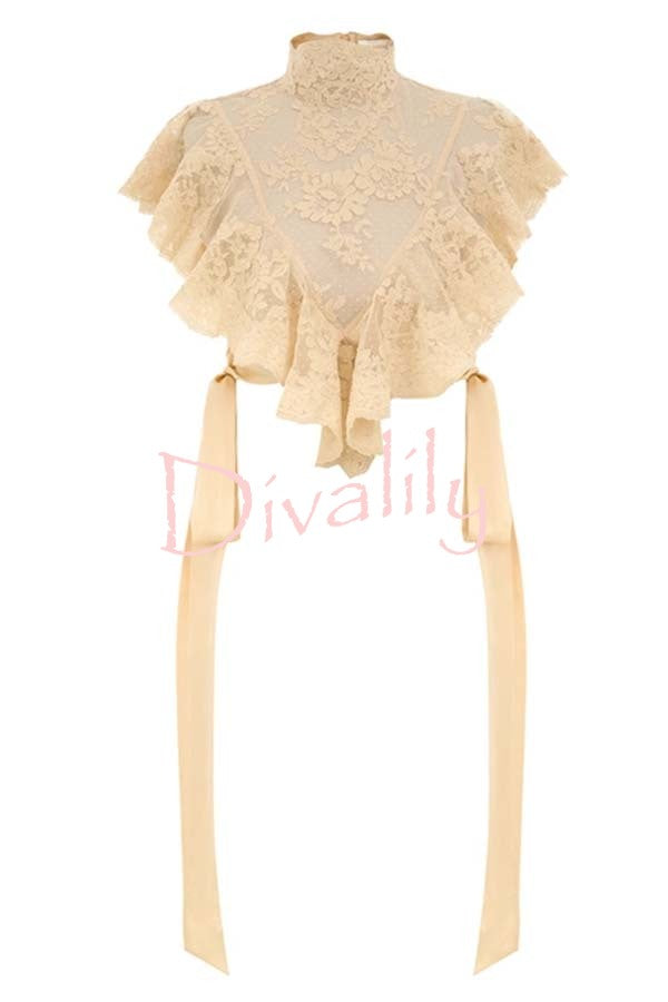 Salenia Lace Appliqué High Neck Side Tie-up Ruffle Cropped Top