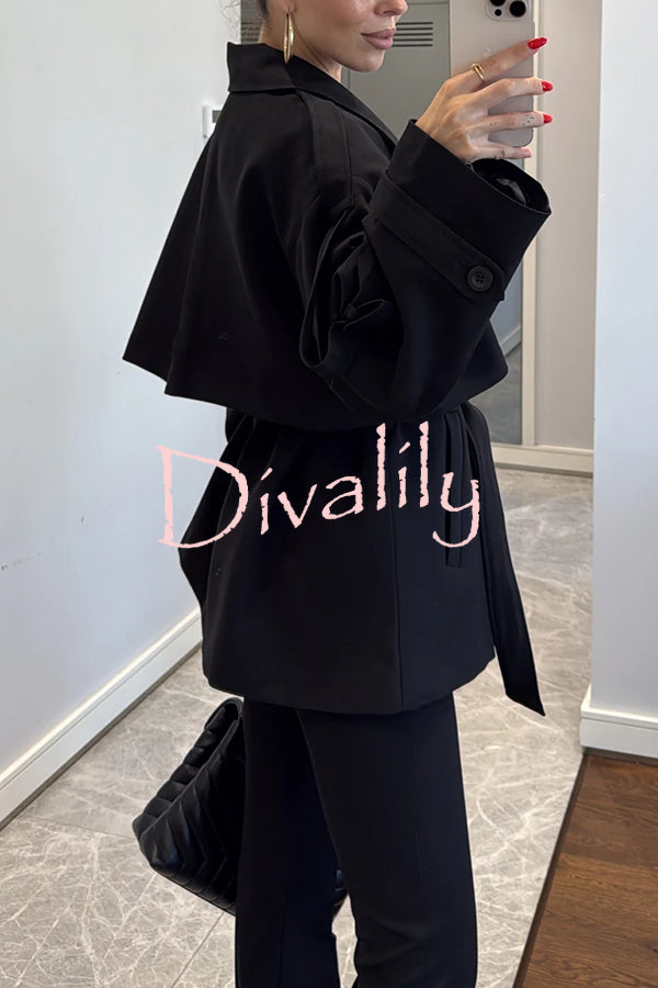 Modern Urban Dropped Shoulder Strap Button Detail Belted Lapel Loose Trench Coat