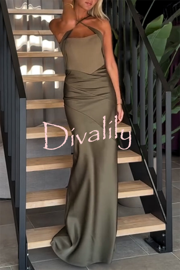 Dreya Satin Patchwork Cross Shoulder Straps Gown Maxi Dress