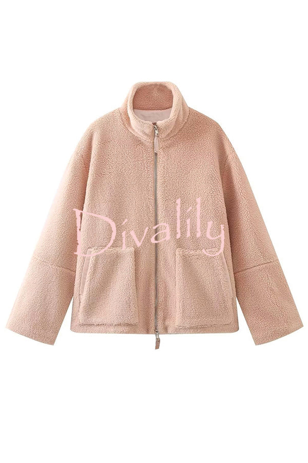 Solid Color Stitching High Collar Long Sleeve Loose Pocket Woolen Coat