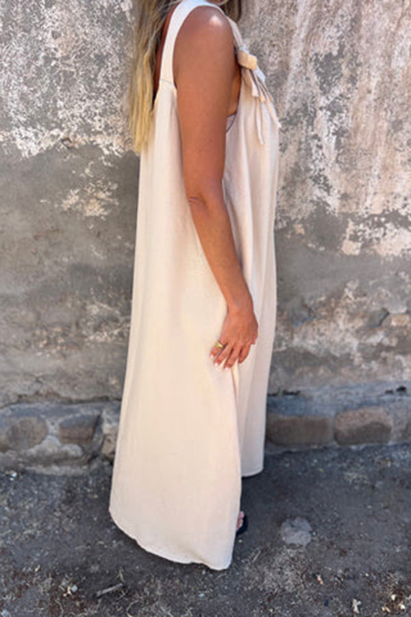 Solid Floral Embellished Sleeveless Loose Maxi Dress