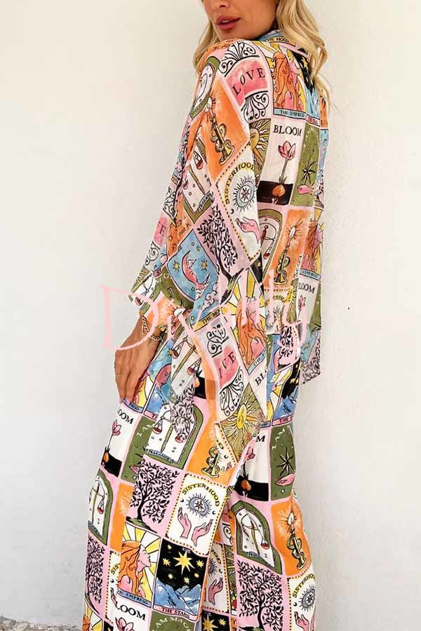 Whimsical Tarot Inspired Print Dolman Sleeve Flowy Shirt and Elastic Waist Wide Leg Pants Set