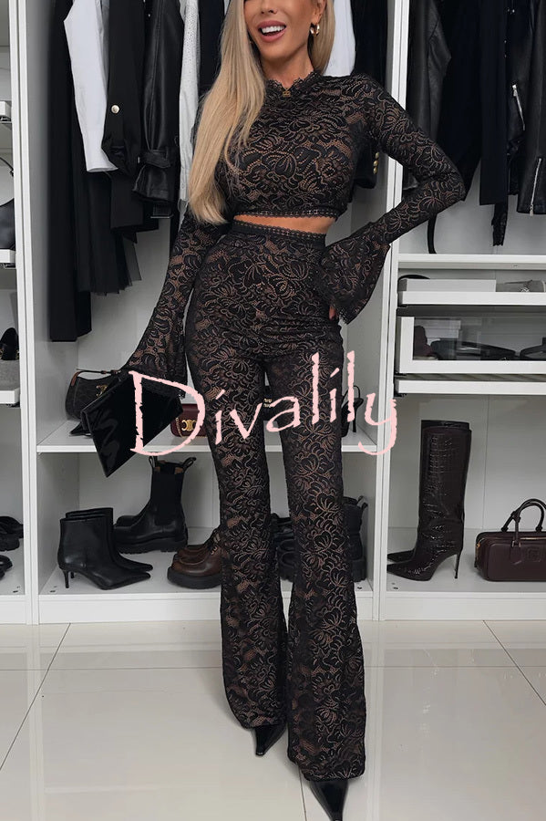 Sexy Charming Lace Bell Sleeve Crop Stretch Top and High Waist Stretch Flared Pants