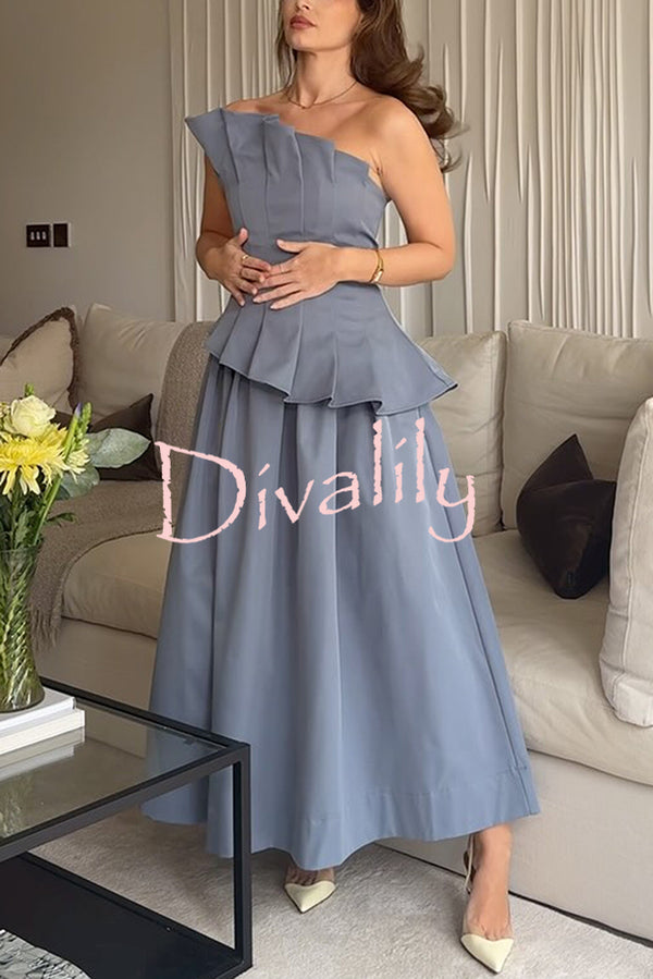 Fashionable Chic Off Shoulder Structured Pleat Corset A-line Midi Dress