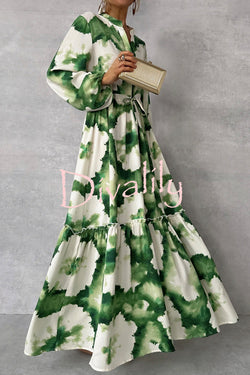 Unique Printed V-neck Long Sleeve Waist Tie-down Maxi Dress