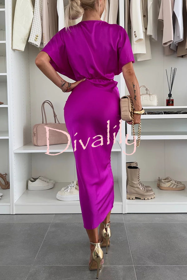 Satin Solid Color V-neck Cross Knot Slim Maxi Dress