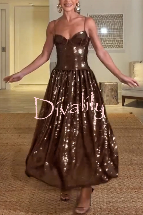 Enchanted Night Sequin Low-cut Corset Balloon Hem Slip Midi Dress