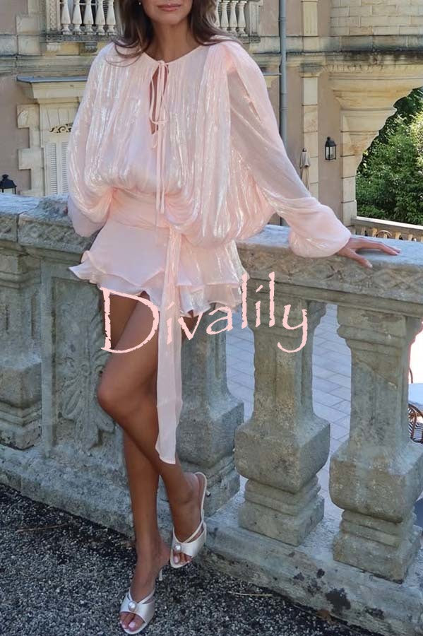 Ninah Glitter Fabric Pleated Balloon Sleeve Tiered Ruffle Hem Mini Dress