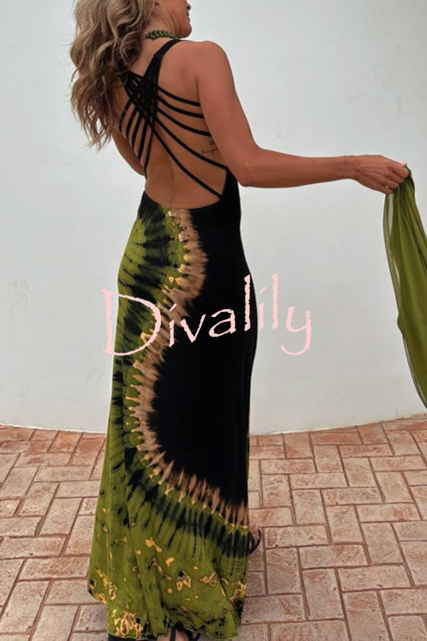 Summer Adventures Tie-dye Print Back Lace-up Stretch Maxi Dress