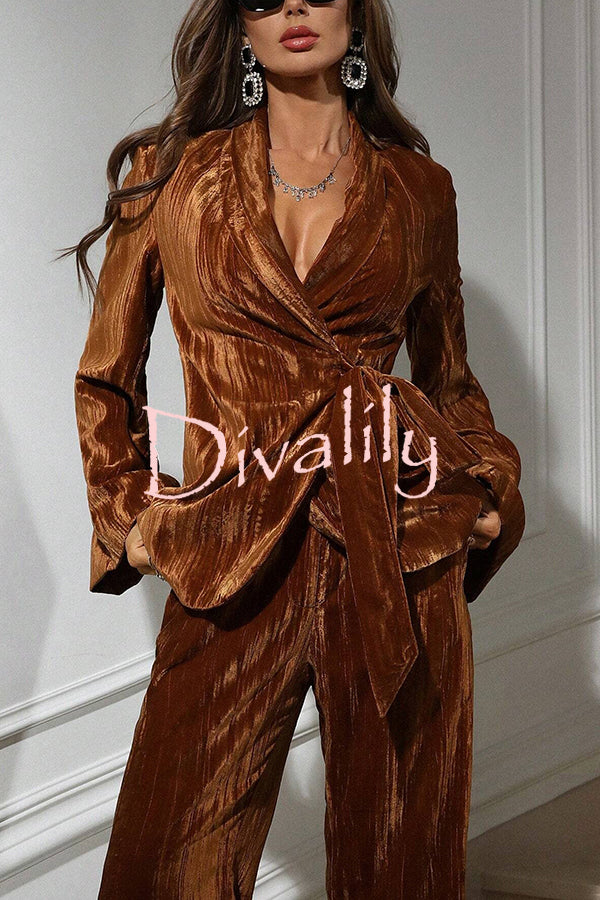 Solid Color Velvet Pleated Long-sleeved Tie Top and Casual Pocket Straight-leg Pants Set