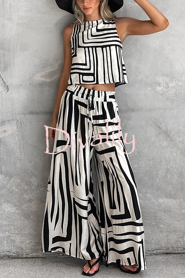 Striped Printed Sleeveless Casual Top and Elastic Waist Loose Pocket Wide-leg Pants Set