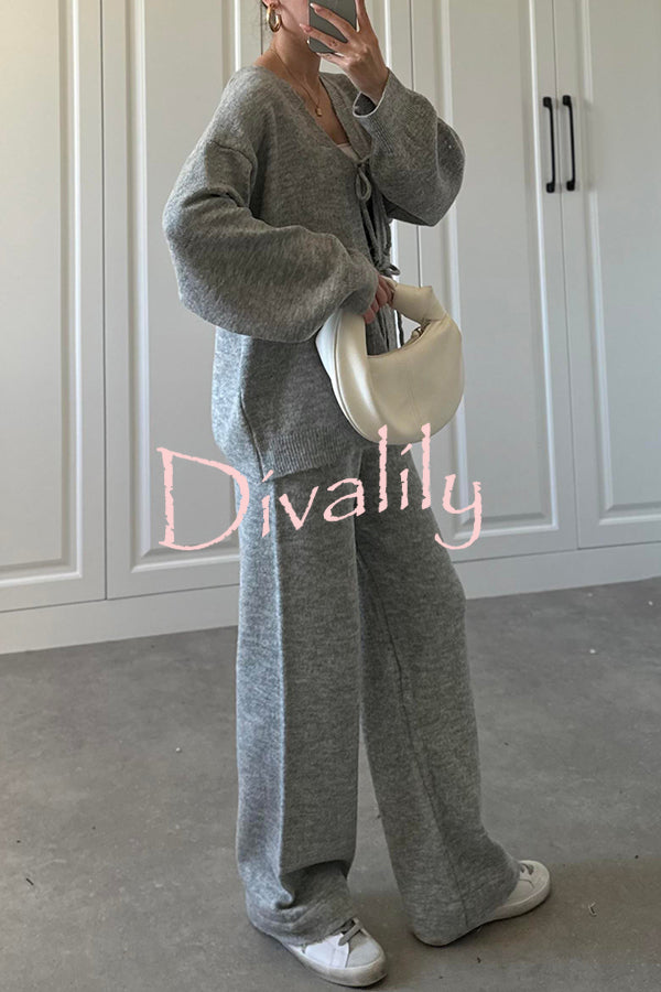 Solid Color V-neck Tie Long-sleeved Loose Knit Cardigan and Elastic Waist Casual Straight Leg Pants Set