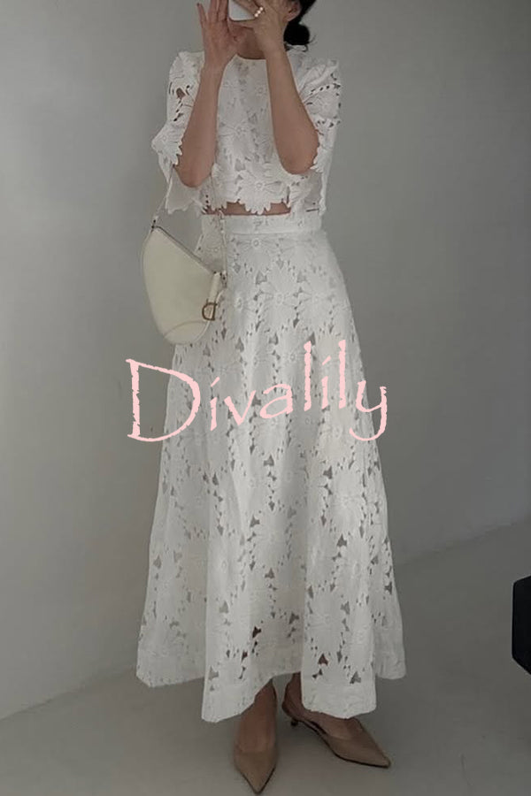 Elegant Embroidered Hollow Flowers Bell Sleeve Top and Full Hem Maxi Skirt Set