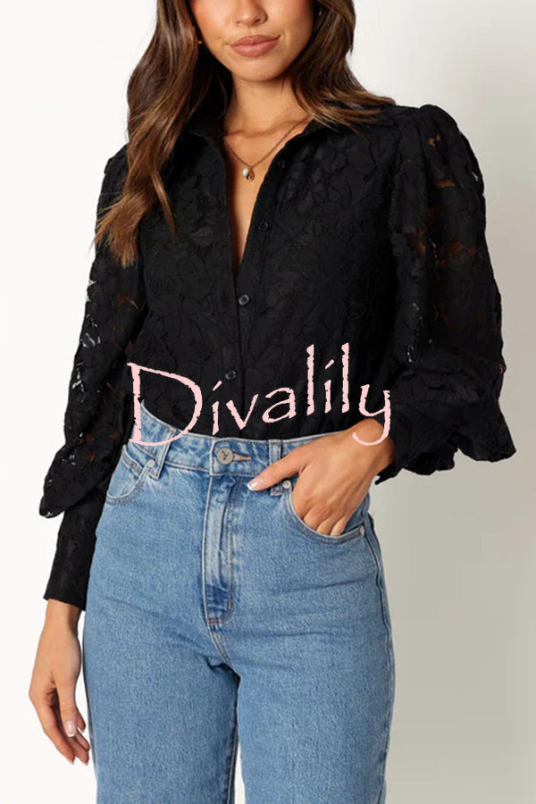 Sexy Hollow Lapel Casual Lace Shirt Top