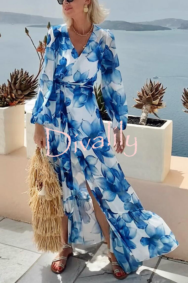Island Girl Floral Print V-neck Long Sleeve Tie Slit Holiday Maxi Dress