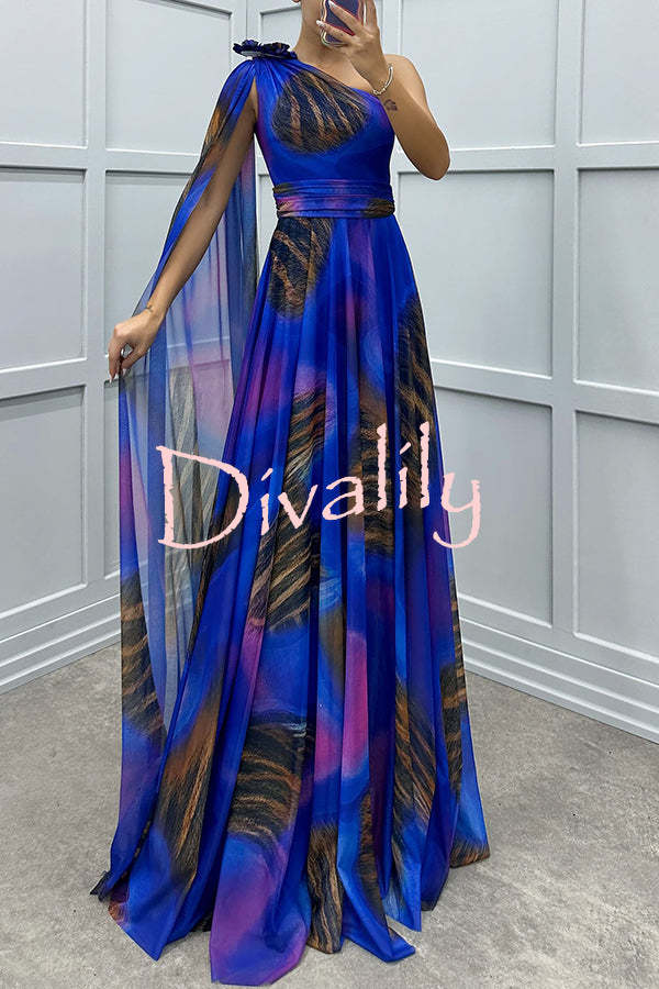 Lucia Unique Print Floral Detail One Shoulder Draped Sleeve Gown Maxi Dress