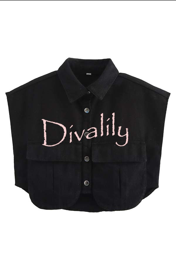Stylish Weekend Denim Button Up Cape Sleeve Pocket Crop Top