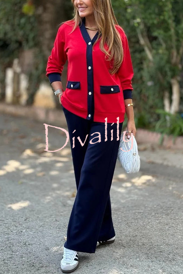 Stylish Color-blocked V-neck Knitted Button-down Cardigan and Elastic Waist Casual Wide-leg Pants Set