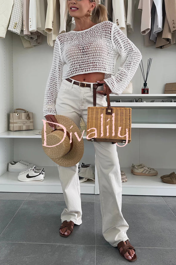Fashion Knitted Hollow Long Sleeve Round Neck Holiday Cover Up