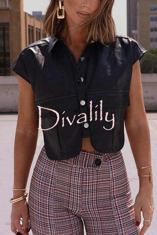 Fashion Faux Leather Pocket Sleeveless Cropped Jacket