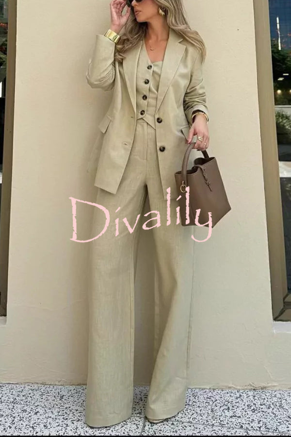 Solid Color Lapel Blazer + Slim Waistcoat and Pocket Wide-leg Pants Three-piece Set