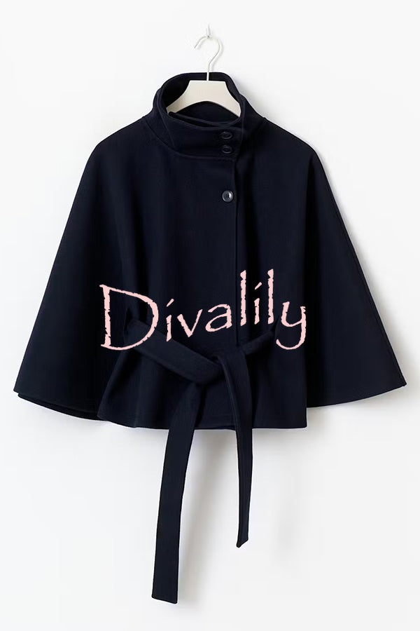 Fashionable Stand Collar Button Waist Tie Loose Cape