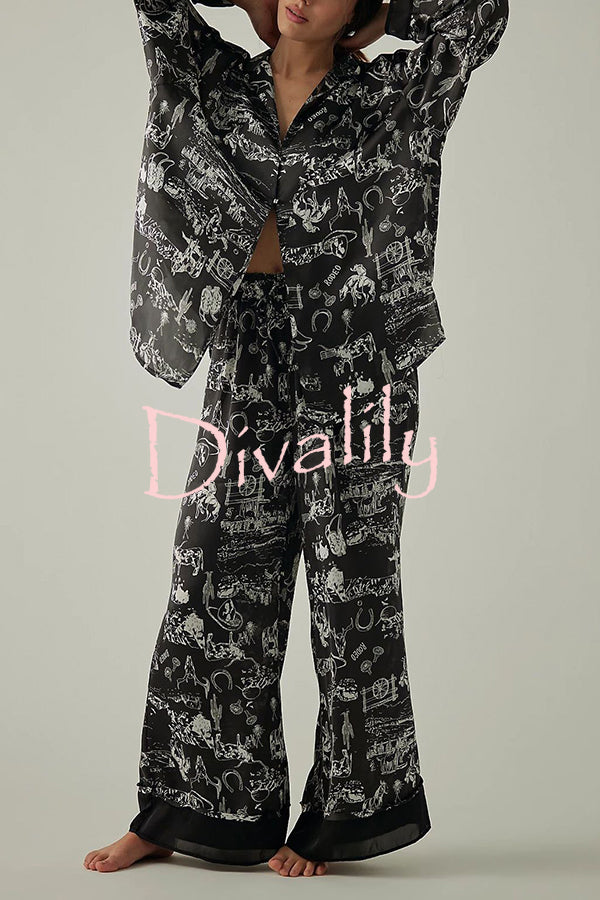 Unique Printed Lounge Long-sleeved Shirt and Elastic Waisted Baggy Pants Set