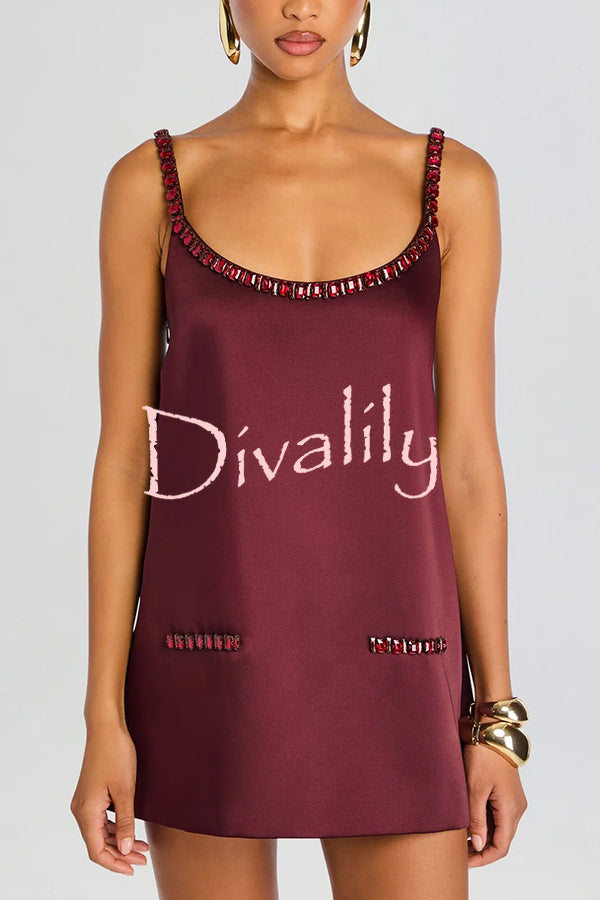 Taste Red Wine Satin Gemstone Trim Round Neck Slip H-line Mini Dress