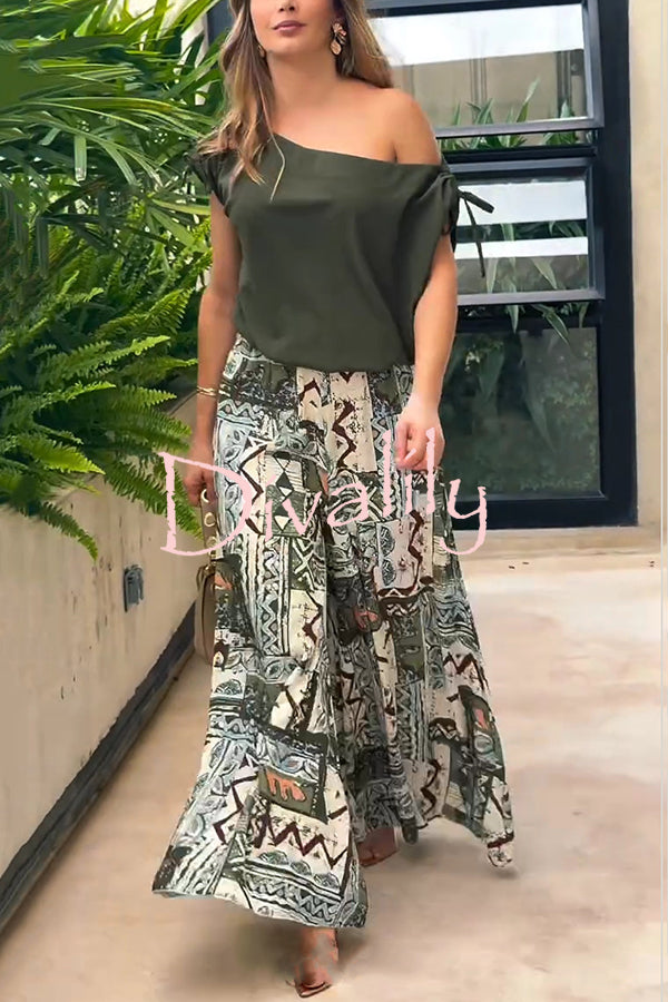 Terrace View Off Shoulder Tie Loose Top and Elastic Waist Unique Print Loose Pants Set