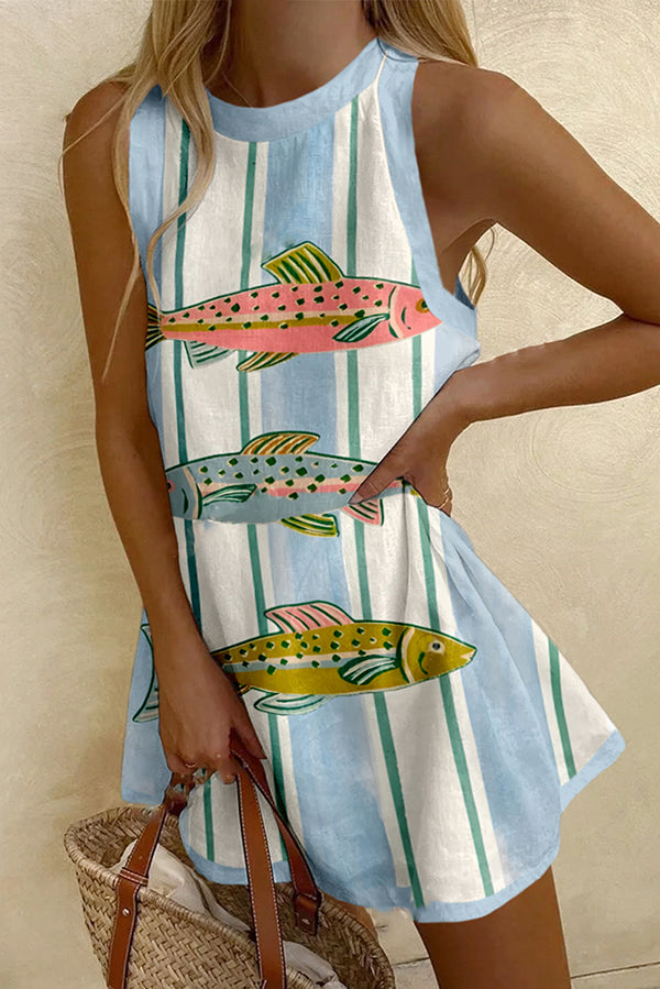 Sardine Print Sleeveless Resort Mini Dress