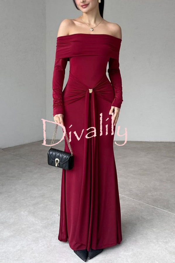 Naia Off Shoulder Long Sleeve Metal Buckle Adjustment Drape Stretch Maxi Dress