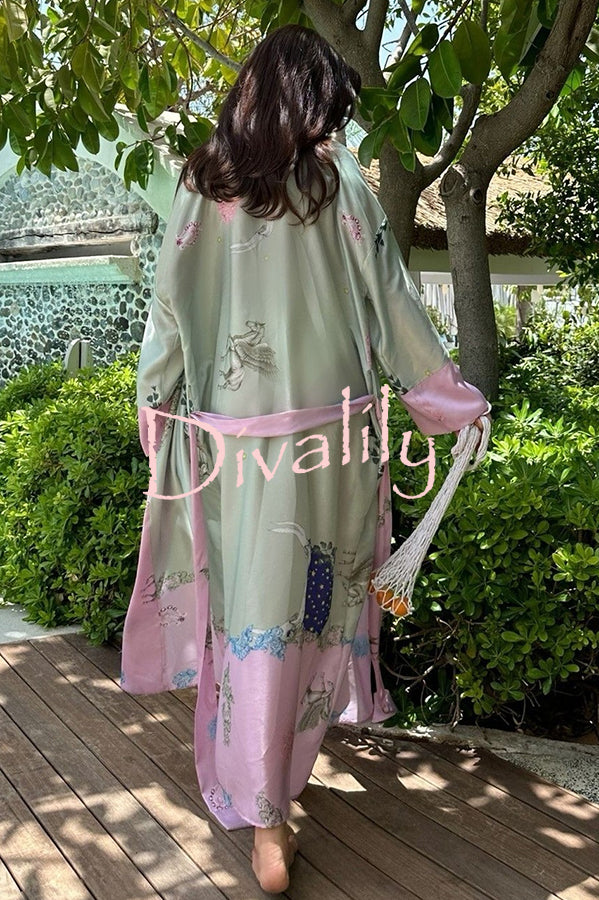 Karty Satin Unique Print Long Sleeve Belt Lapel Kimono Cover-ups