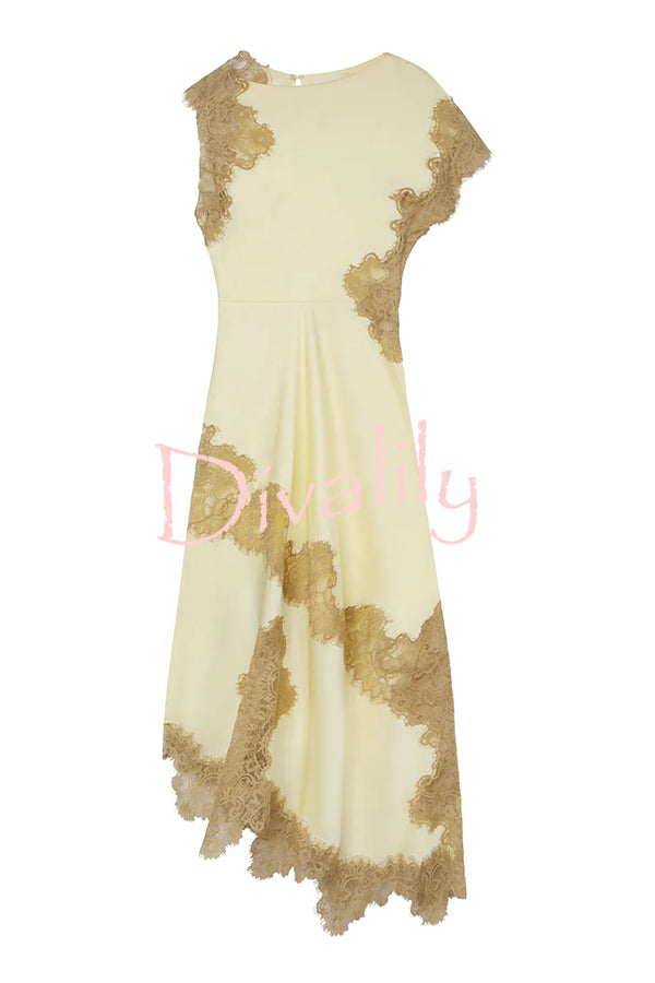 Paris Dream Satin Lace Trim Irregular Design Drape Maxi Dress