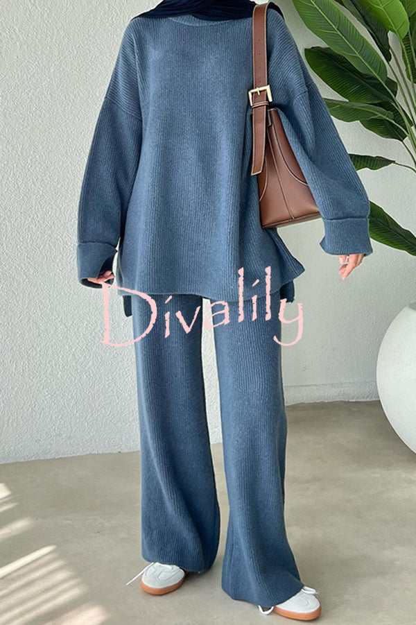 Solid Color Loose Long-sleeved Knit Top and Elastic Waist Casual Straight Leg Pants Set