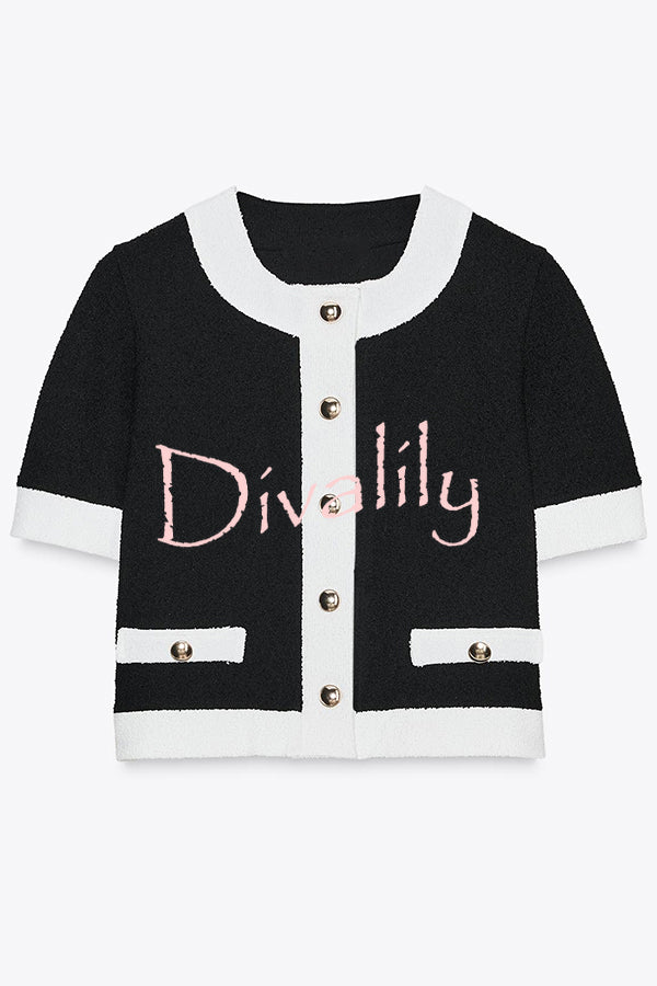Fashionable Contrast Color Short-sleeved Button-down Top