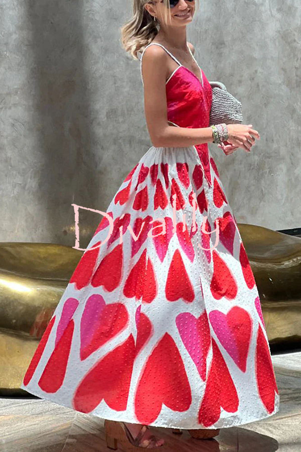 Full of Love Heart Shape Print Cutout Spaghetti Strap Backless Maxi Dress