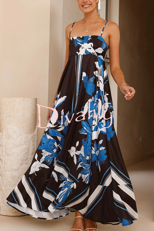 Botanical Print Square Neck Suspender Casual Full Hem Maxi Dress