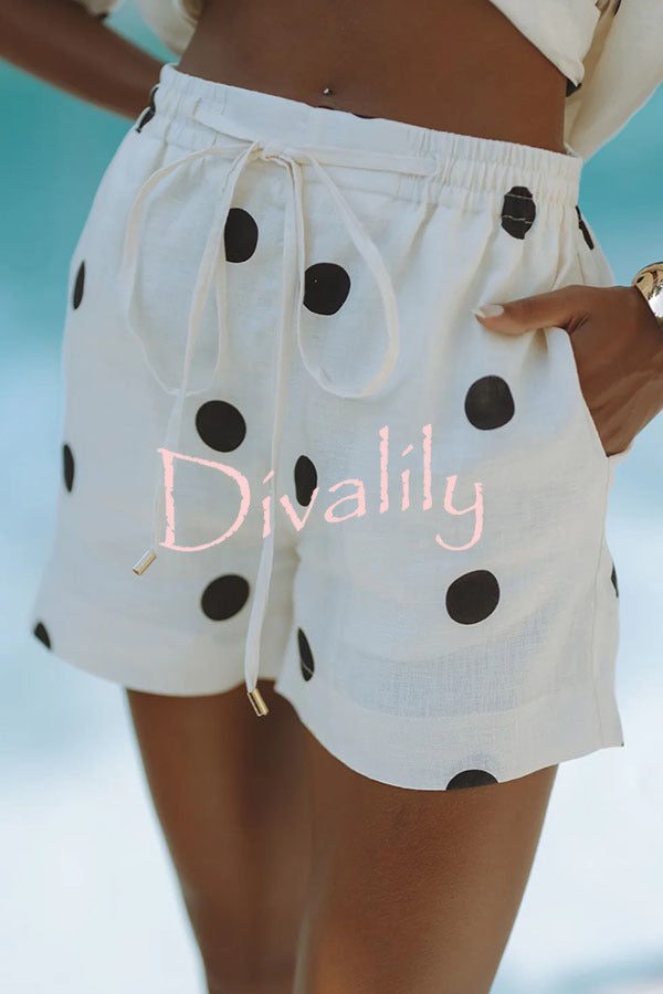 Playful Linen Blend Polka Dot Tie-up Kimono Top and Elastic Waist Pocket Shorts Set