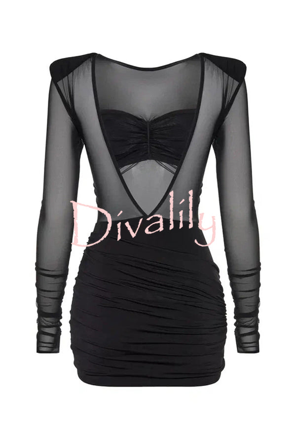 Sexy Mesh See-through Long-sleeved Backless Pleated Rompers