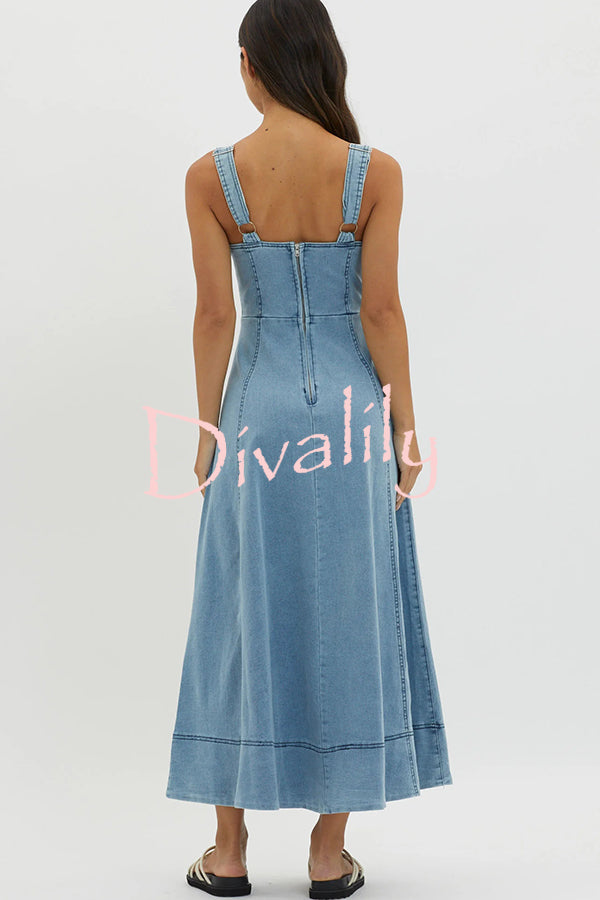 Solid Color Suspender Pocket Button Slim Denim Midi Dress