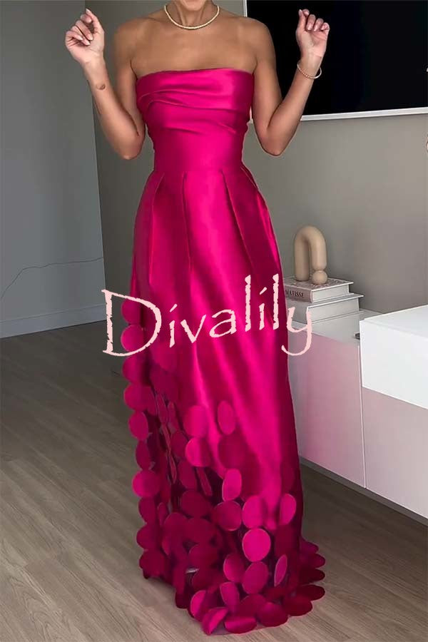 Luxurious Poise Satin Spliced mesh Polka-dot Fabric Off Shoulder Formal Maxi Dress