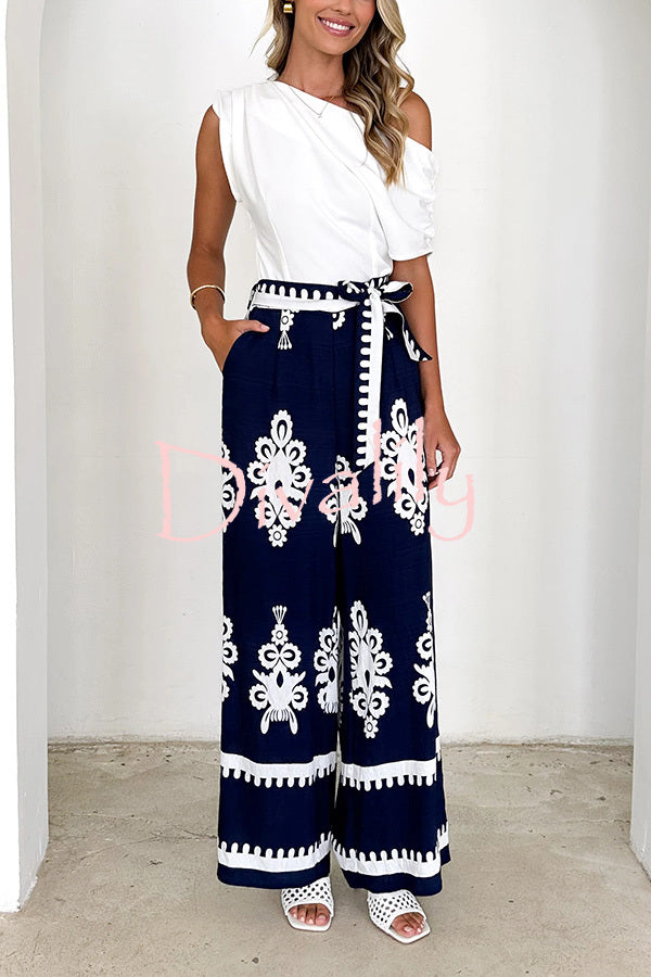 Unique Ethnic Print Belted Casual Pocket Wide Leg Pants