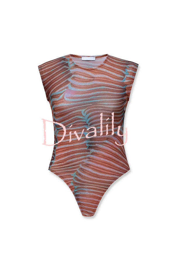Bella Stretch Mesh Unique Print Bodysuit and High Rise Elastic Waist Maxi Skirt Set