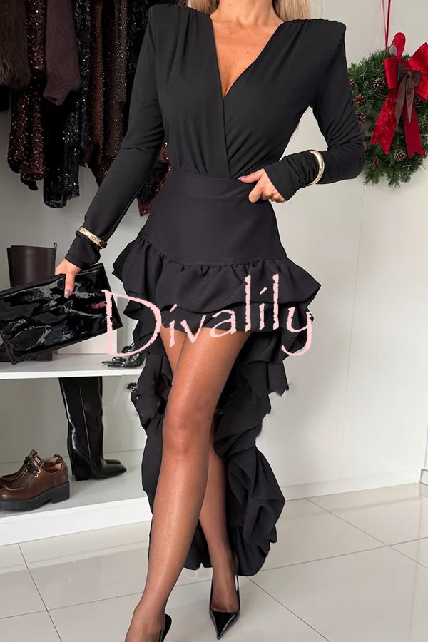 Toast To Midnight Solid Color High Rise Irregular Ruffled High Low Maxi Skirt