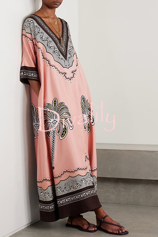 Satin Unique Print Casual V-neck Loose Holiday Maxi Dress
