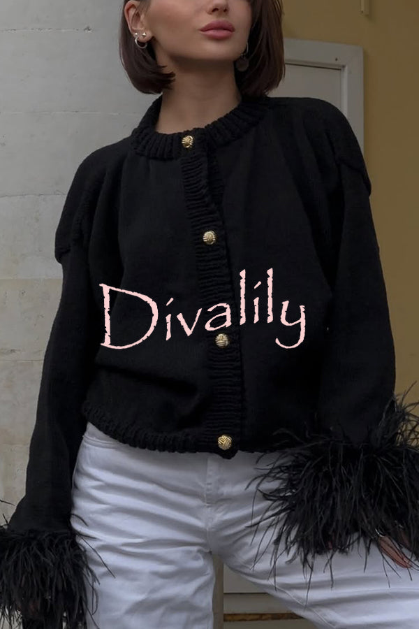 Solid Color Elegant Feather Long Sleeve Casual Knitted Cardigan