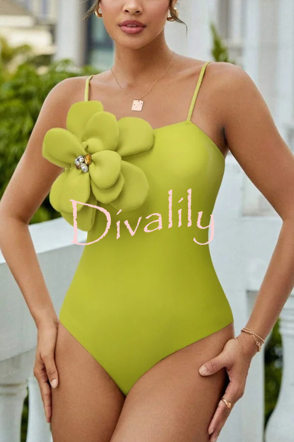 Solid Color Large Flower Decoration Sling Stretch One-piece Swimsuit