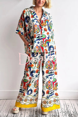 Linen Blend Unique Print Loose Short Sleeve Shirt and Elastic Waist Tie Pocket Pants Set