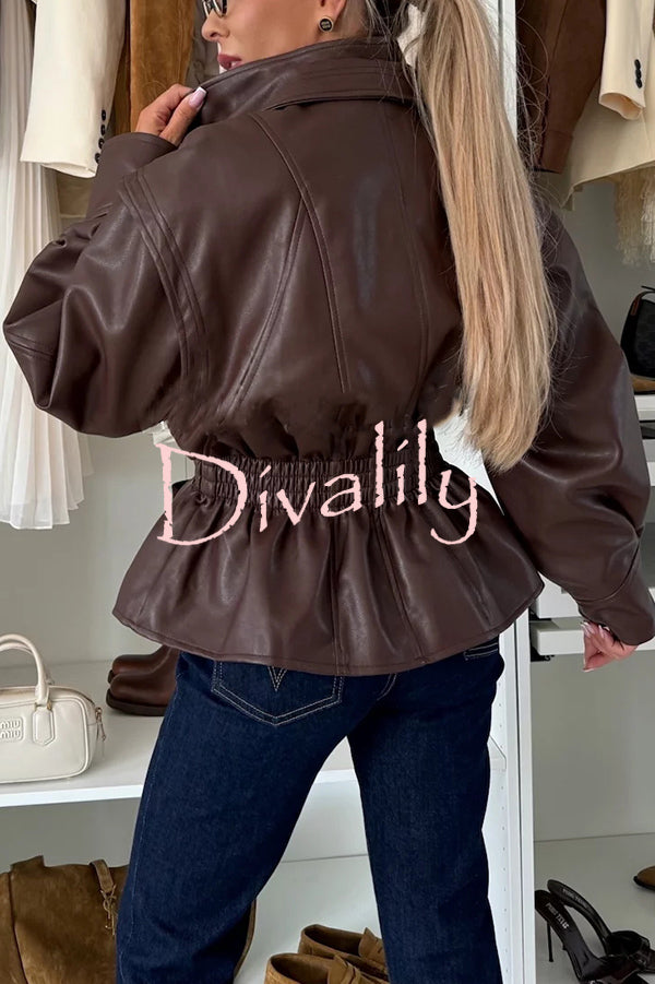 Play It Cool Faux Leather Single Button Elastic Waist Lapel Moto Jacket